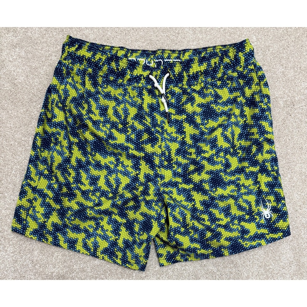 Spyder Swim Trunks Surf Sand Sun Shorts Men's L ARGE Blue Neon/Green Geo/Camo